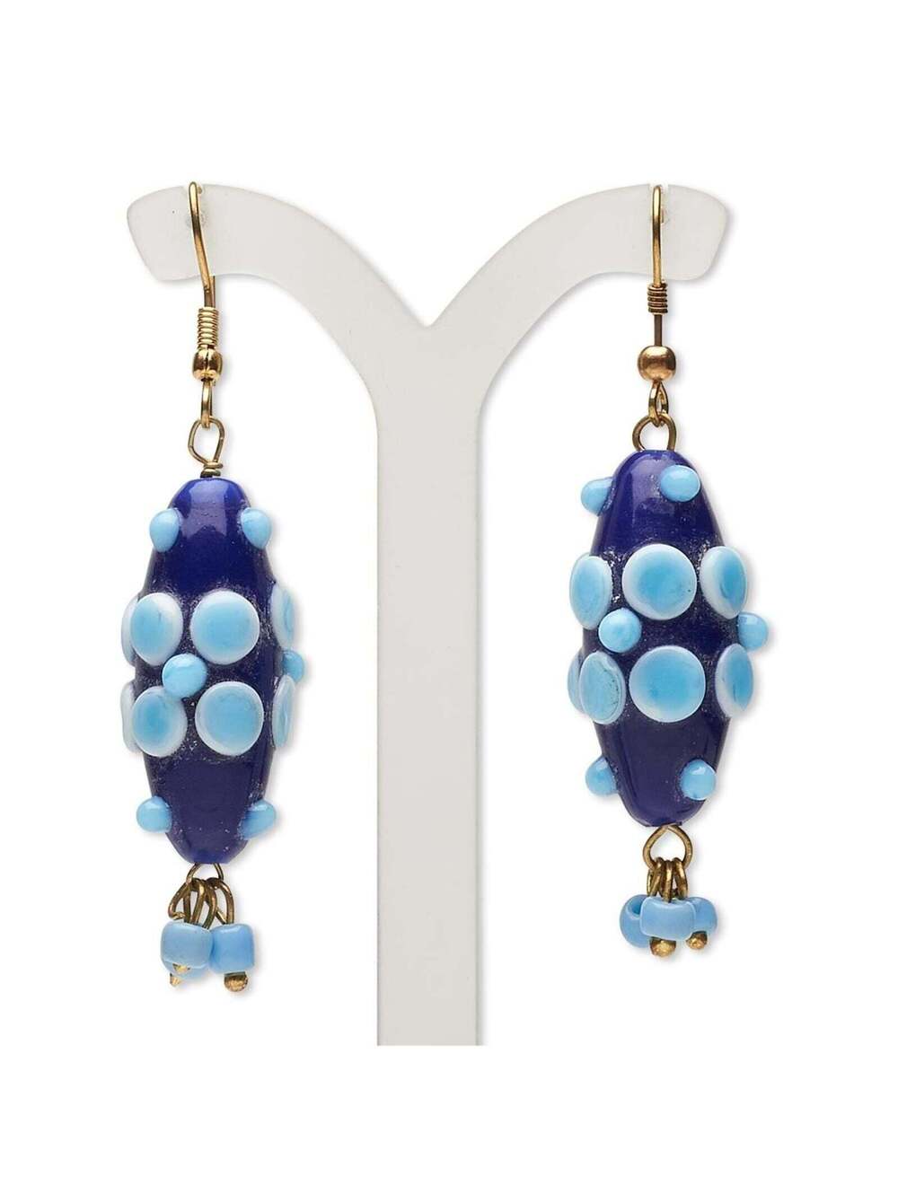 Handcrafted India Blue White Bumpy Flowers Glass Beads Brass Dangle Earrings